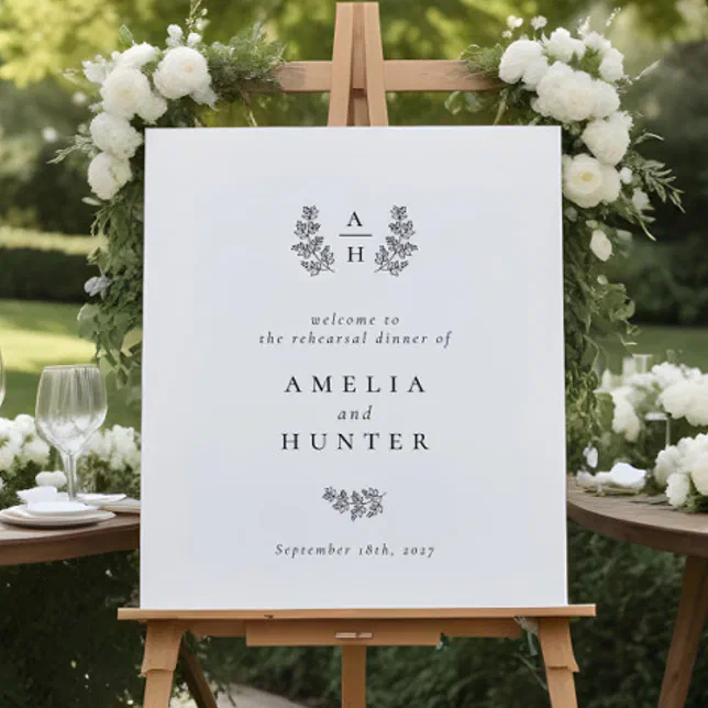 Dinner Set Sign Elegant Botanical Monogram Rehearsal Dinner Sign | Zazzle