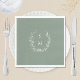 Elegant Botanical Monogram Sage Green Wedding Napkins