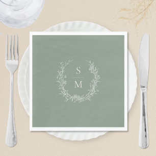 Elegant Botanical Monogram Sage Green Wedding Napkins