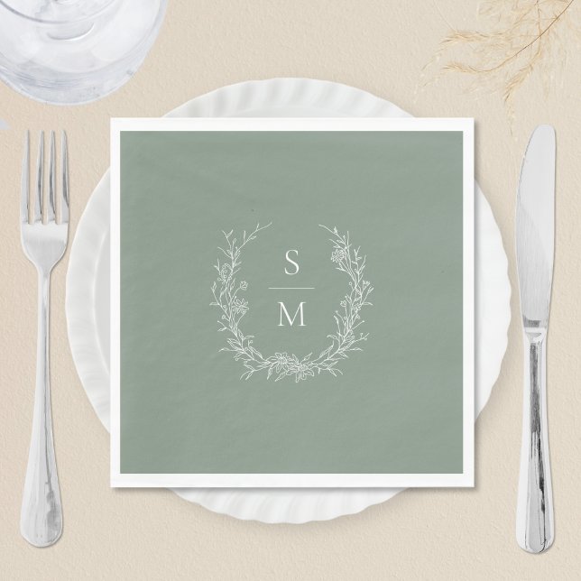 Elegant Botanical Monogram Sage Green Wedding Napkins (Creator Uploaded)