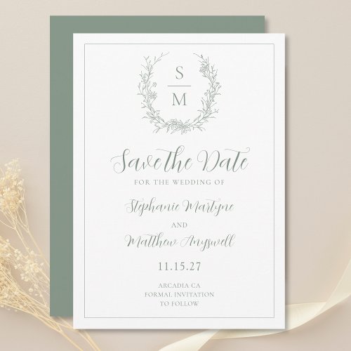Elegant Botanical Monogram Sage Green Wedding Save The Date