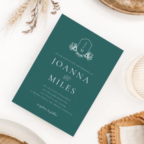 Elegant Botanical Monogram Teal Wedding Invitation