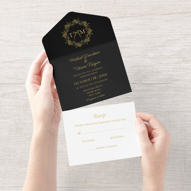 elegant botanical monogram wedding black gold foil all in one invitation  (Tearaway)