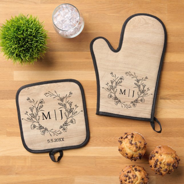 elegant botanical monogram wedding rustic wood  oven mitt & pot holder set (Top Down)