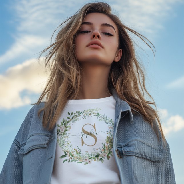 Elegant Botanical Monogram with Custom Name T-Shirt (Creator Uploaded)