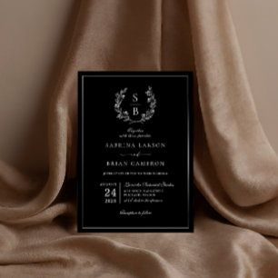 Elegant Botanical Monogram Wreath Black Wedding Invitation