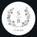 Elegant Botanical Monogram Wreath Wedding Classic Round Sticker<br><div class="desc">Elegant botanical monogram wreath black and white classic wedding sticker.</div>
