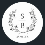 Elegant Botanical Monogram Wreath Wedding Classic Round Sticker<br><div class="desc">Elegant botanical monogram wreath black and white classic wedding sticker.</div>