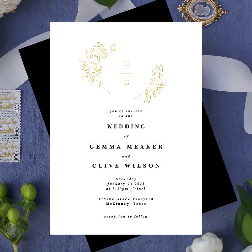 Elegant Botanical Monogram Wreath Wedding Invite