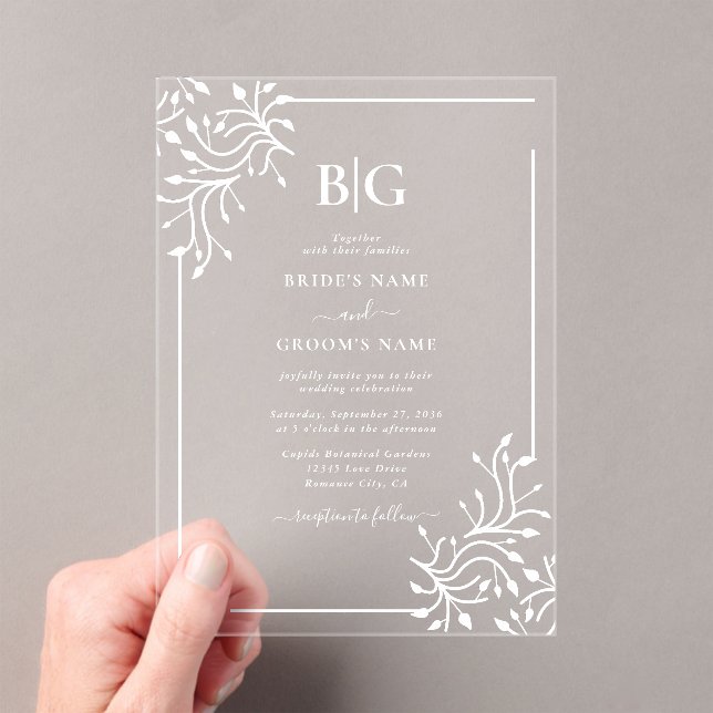 Elegant Botanical Monogrammed Clear Wedding Acrylic Invitations (Insitu (Handheld))