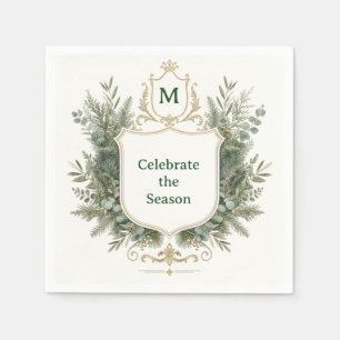 Elegant Botanical Monogrammed Crest Holiday Napkins