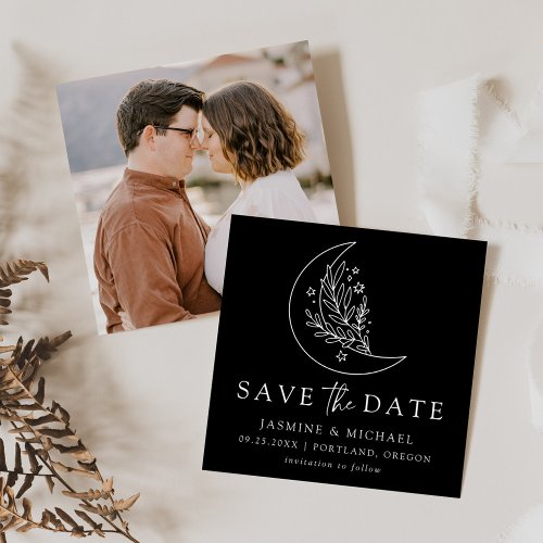 Elegant Botanical Moon and Stars Black and White Save The Date