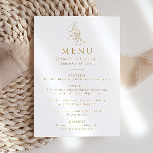 Elegant Botanical Moon and Stars Gold Wedding Menu