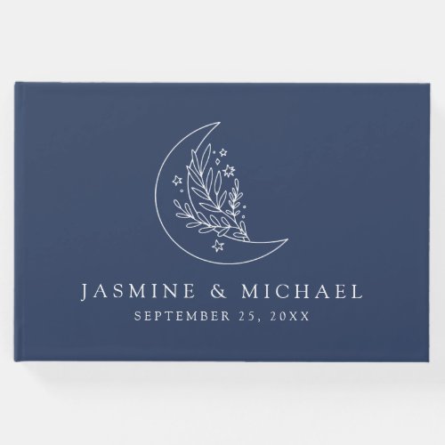 Elegant Botanical Moon and Stars Navy Wedding Guest Book