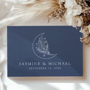 Elegant Botanical Moon and Stars Navy Wedding Guest Book