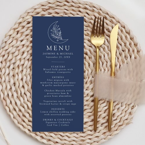 Elegant Botanical Moon and Stars Navy Wedding Menu