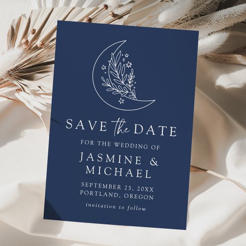 Elegant Botanical Moon and Stars Navy Wedding Save The Date