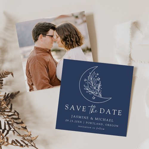 Elegant Botanical Moon and Stars Navy Wedding Save The Date