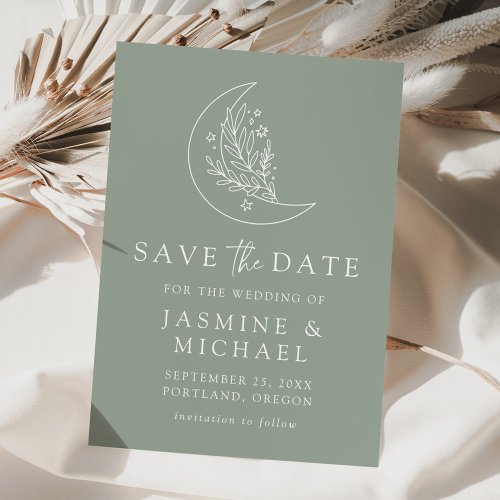 Elegant Botanical Moon and Stars Sage Green Save The Date