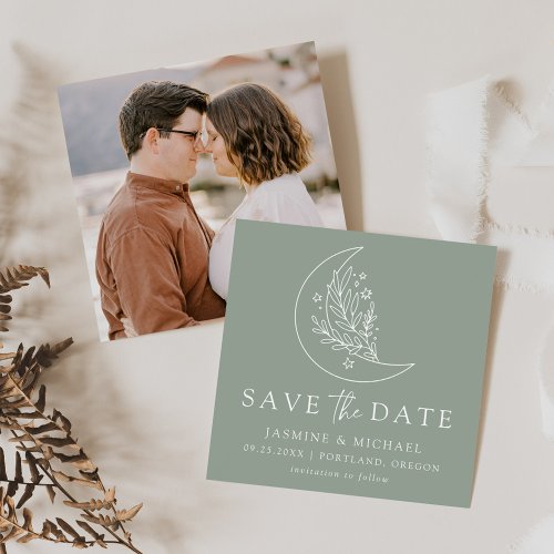 Elegant Botanical Moon and Stars Sage Green Save The Date