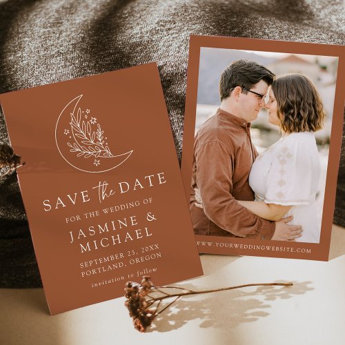 Elegant Botanical Moon and Stars Terracotta Photo Save The Date