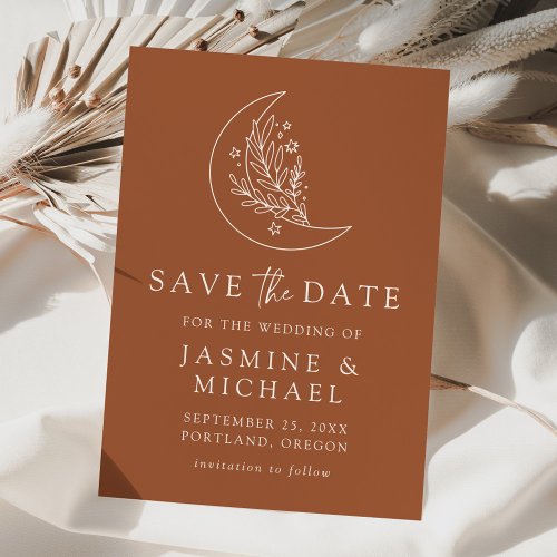 Elegant Botanical Moon and Stars Terracotta Save The Date