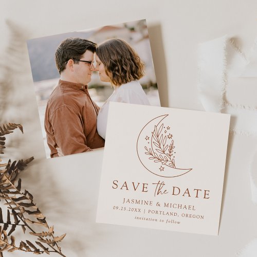 Elegant Botanical Moon and Stars Terracotta Save The Date