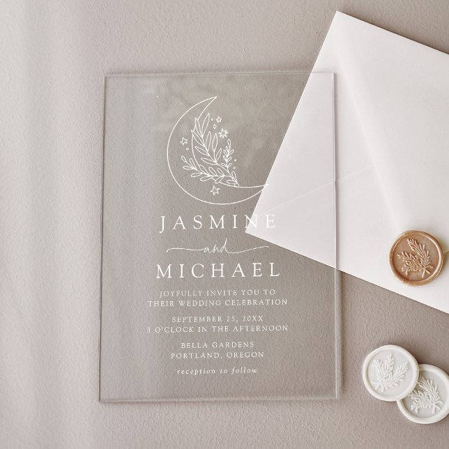 Elegant Botanical Moon and Stars Wedding Acrylic Invitations (Creator Uploaded)