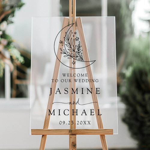 Elegant Botanical Moon and Stars Wedding Welcome Acrylic Sign