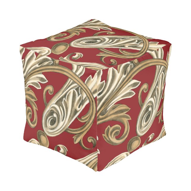 Elegant Botanical Motif with Tan Foliage Pouf (Angled Front)