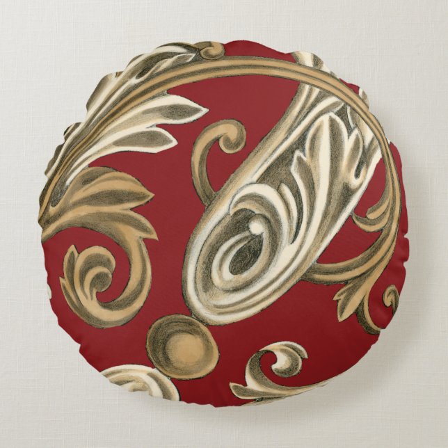 Elegant Botanical Motif with Tan Foliage Round Pillow (Front)