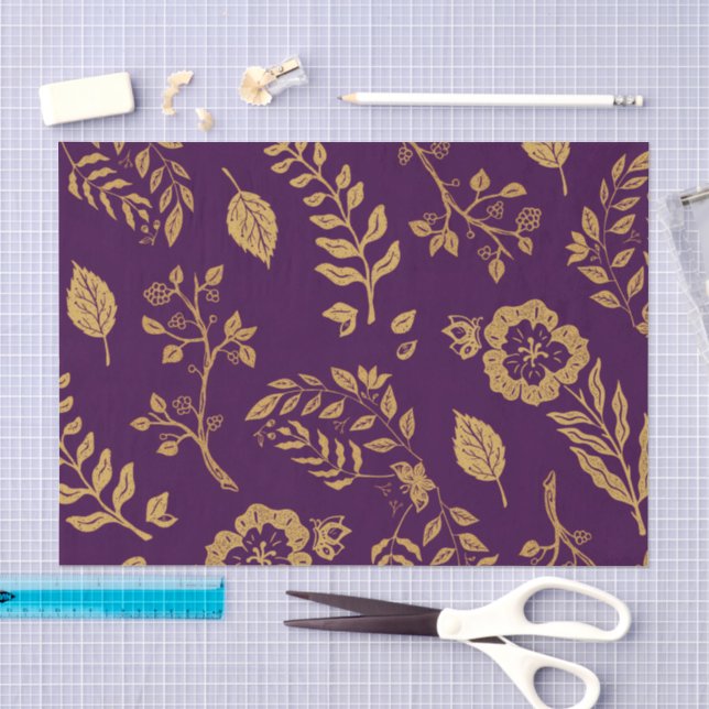 Elegant Botanical Motifs Luxury Purple & Gold Tissue Paper (Craft)