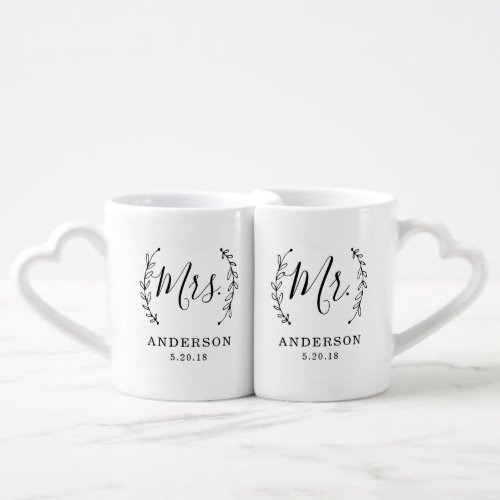 Elegant Botanical Mr and Mrs Newlyweds Coffee Mug Set