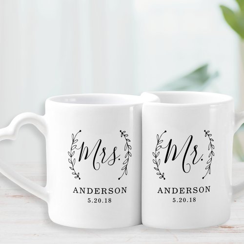 Elegant Botanical Mr and Mrs Newlyweds Coffee Mug Set