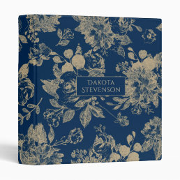 Elegant Botanical | Navy Blue Gold Floral Photo 3 Ring Binder