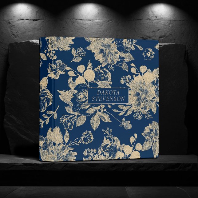 Elegant Botanical | Navy Blue Gold Floral Photo 3 Ring Binder (Creator Uploaded)