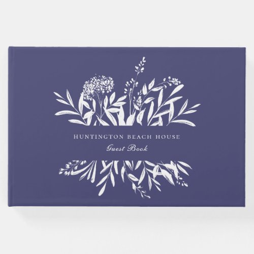 Elegant Botanical Navy Blue Vacation Home Guest Book