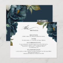 Elegant Botanical Navy Blue Wedding Code RQ RSVP