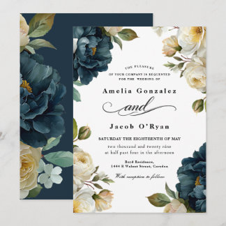 Elegant Botanical Navy Blue Wedding Invitation