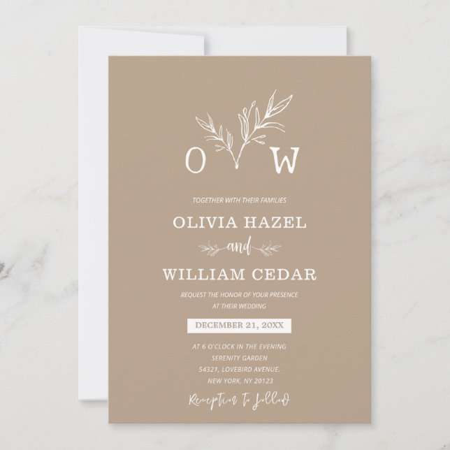 Elegant Botanical Pale Taupe Monogram Wedding Invitation (Front)