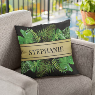 Elegant Botanical Palm Green Faux Gold Pattern Throw Pillow
