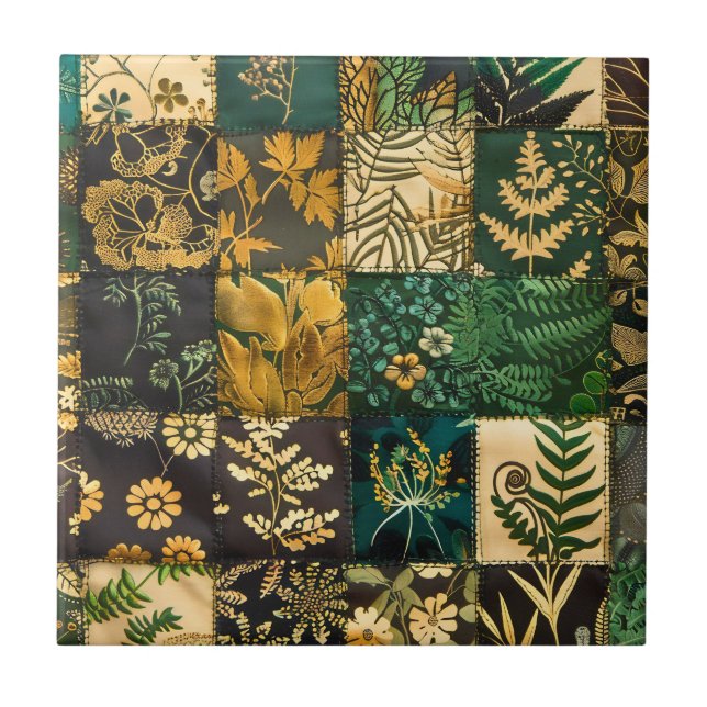 ✨Elegant Botanical Patchwork Floral Pattern Design Ceramic Tile (Front)