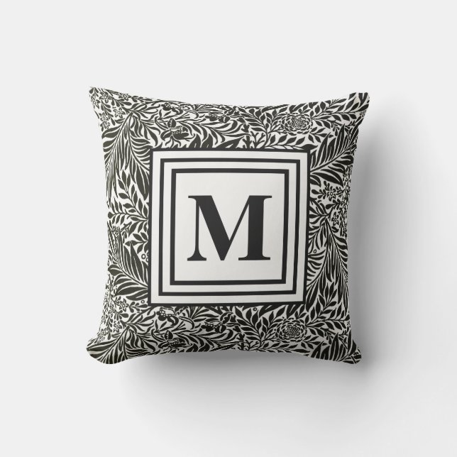 Elegant Botanical Pattern Black and White Monogram Outdoor Pillow (Front)