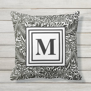 Elegant Botanical Pattern Black and White Monogram Outdoor Pillow