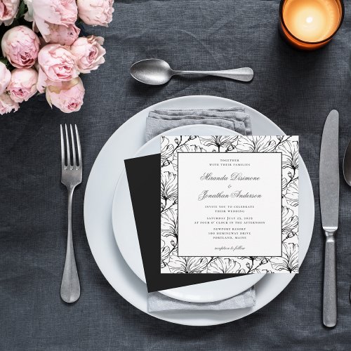 Elegant Botanical Pattern Black White Wedding Invitation