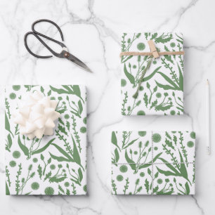 Elegant Botanical Pattern Sage Green Wrapping Paper Sheets