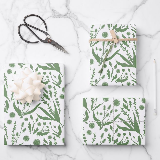 Elegant Botanical Pattern Sage Green Wrapping Paper Sheets (Front)