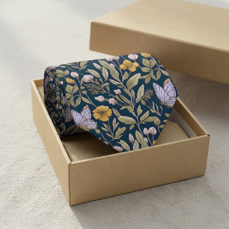 Elegant Botanical Pattern with Butterflies on Dark Neck Tie