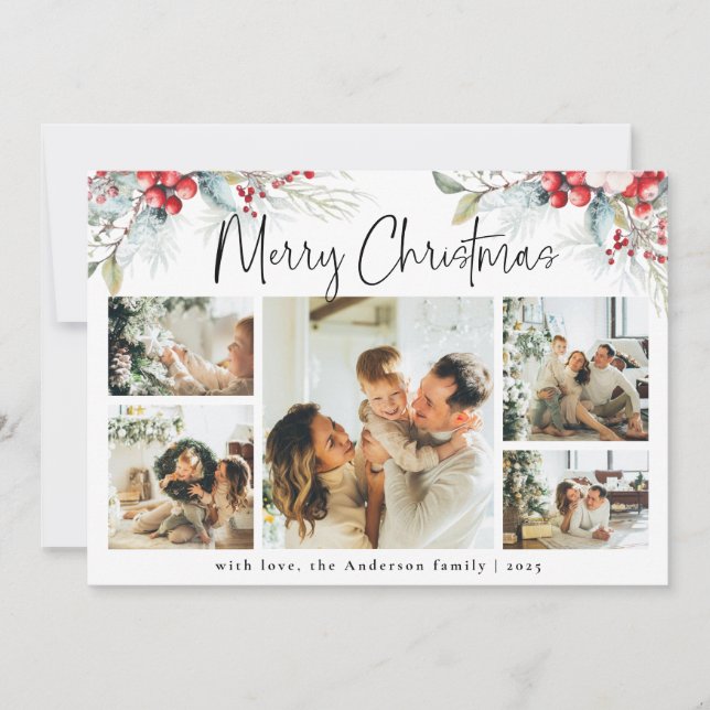 Elegant Botanical & Photo Collage Red Christmas Holiday Card (Front)