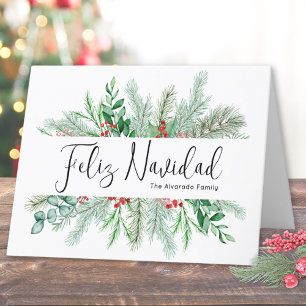 Elegant Botanical Pine Christmas Feliz Navidad Holiday Card
